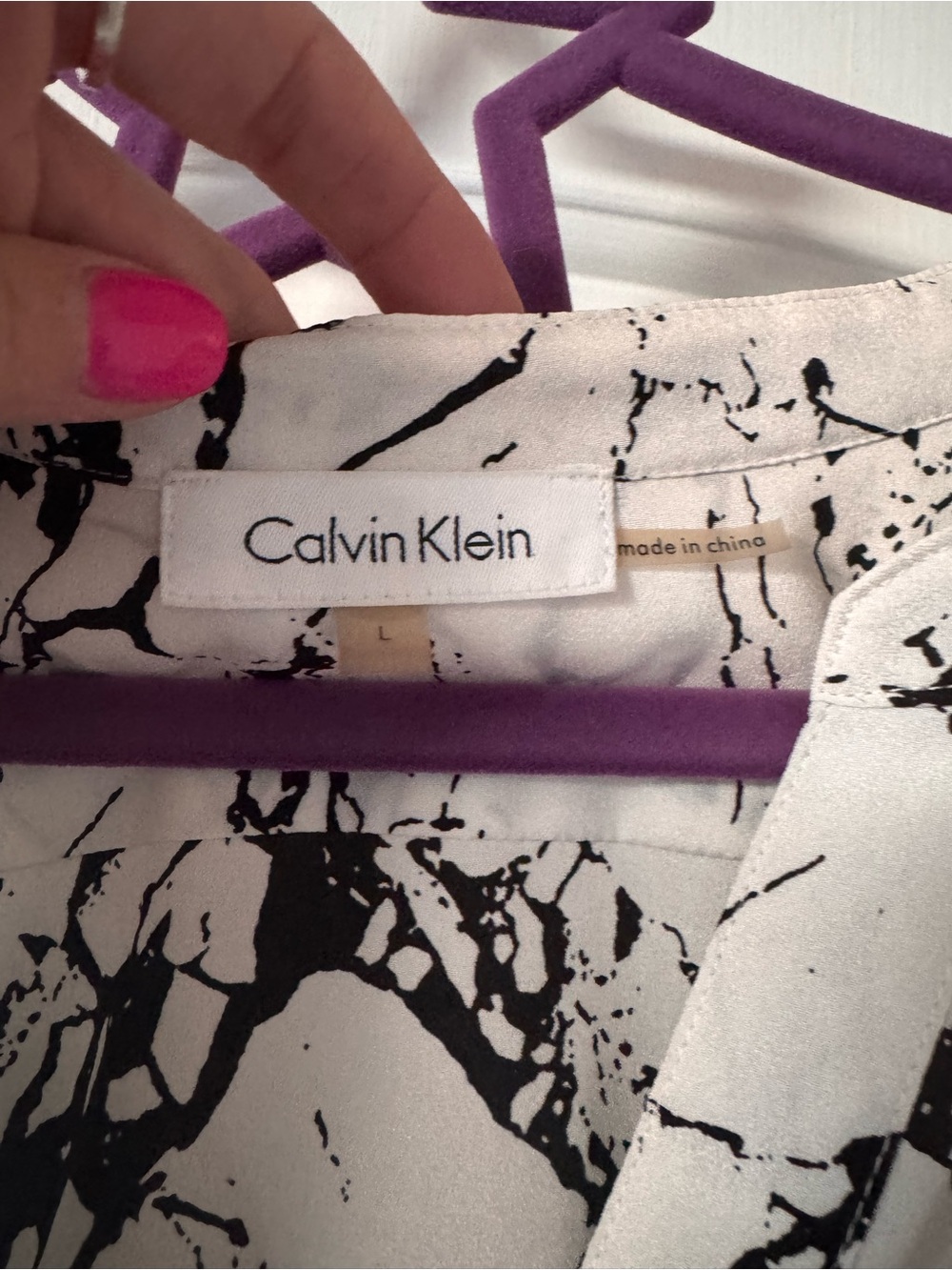 Calvin Klein Black & White Marble-Print Button Front Blouse - Picture 7 of 7